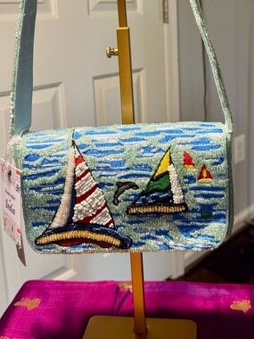 NWT Handcrafted in India Beaded Sailboat Flap Shoulder Bag
